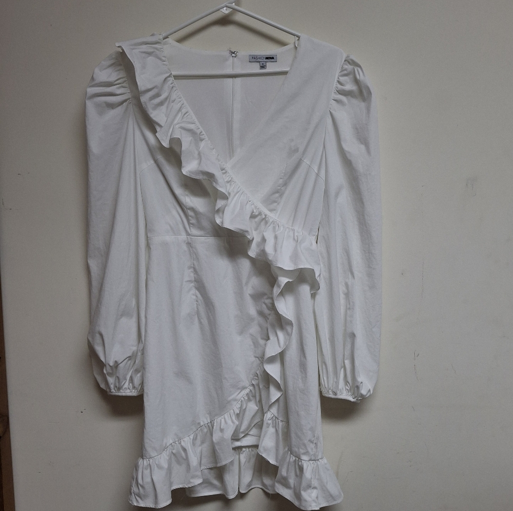 Fashion Nova Ruffled Wrap Dress Small White Cotton Blend Feminine Coquette